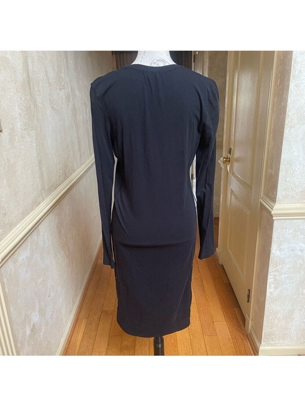 James Perse Standard Black V-Neck Long Sleeve Stretch Midi Dress Size 4 (XL) - Picture 3 of 7
